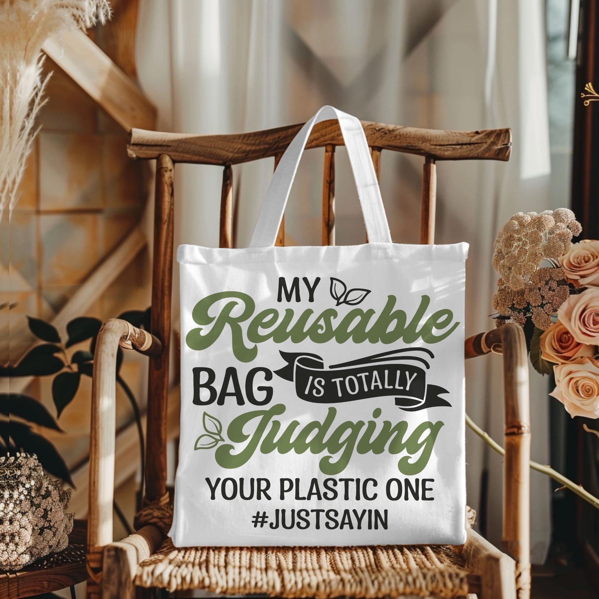 80SCREATIVE Funny Reusable Tote Bag Eco Friendly Canvas Shopping Bag with Quote My Reusable Bag Is Judging Your Plastic Sustainable Gift for Women, Grocery Bag with Hashtag Design