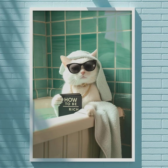 Funny Rich Cat Bathroom Wall Art Luxury Meme Poster Aesthetic Animal Humor Decor 8x12 UNFRAMED