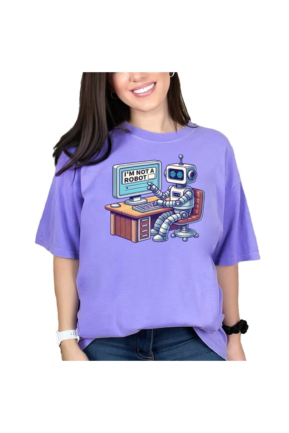 Funny Robot T-Shirt, I'm Not a Robot Graphic Tee, Computer Lover Shirt, Tech Geek Gift, AI Enthusiast T-Shirt, Violet Comfort Colors T-Shirt, Small