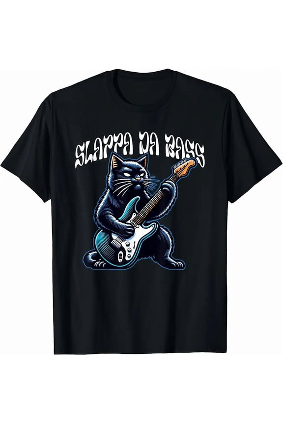 Funny Rock Cat Playing Bass Guitar Musician Unisex Graphic Short Sleeve Tee
