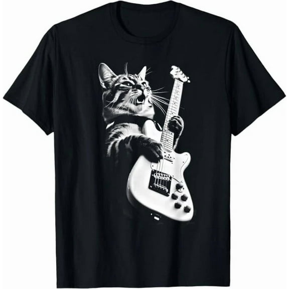Funny Rock Cat Playing Guitar T-Shirt – Cute Kitten Pet Lover Unisex Tee