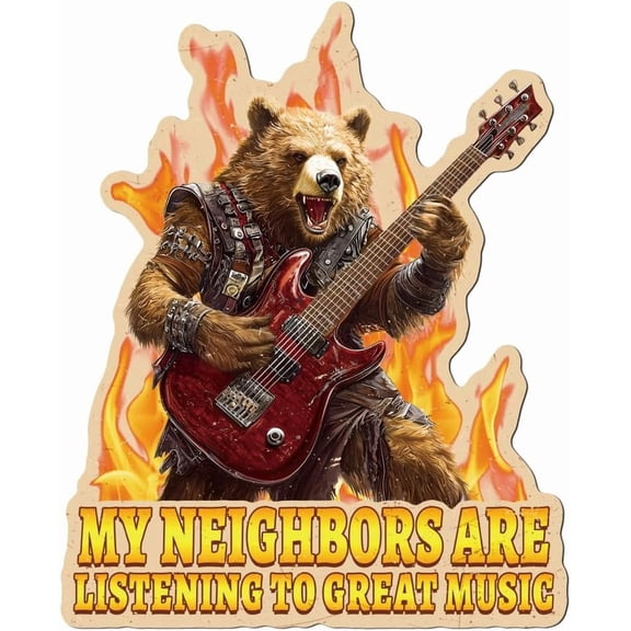 Funny Rocking Bear Guitar Metal Tin Sign 11x13.5 Inch My Neighbors are Listening to Great Music Vintage Metal Sign Retro Wall Decorative Poster Plaque for Man Cave Music Room Karaoke Bar Club for DIY