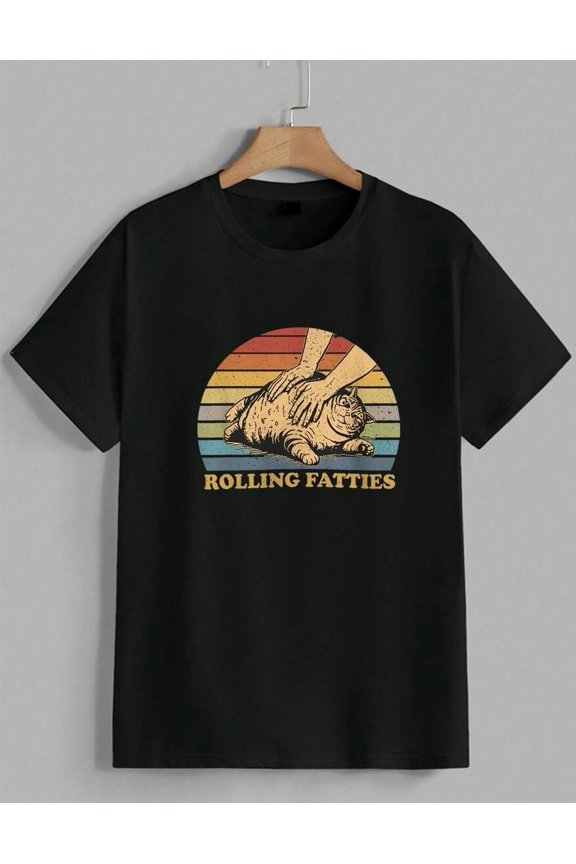 Funny Rolling Fatties Cat T-Shirt Chonky Kitty Retro Sunset Graphic Tee Unisex