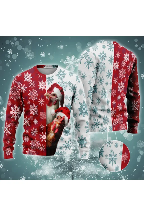 Funny Rooster 3d Christmas Sweaters For Men Women, Christmas Snowflakes All Over Printed Sweaters, Holiday Crewneck Unisex Pullover Sweater