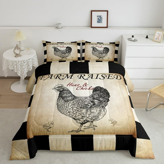 Funny Rooster Comforter Set Full Size, Farm Animal Bedding Set Chicken Gifts For Chicken Lovers, Rustic Farmhouse Duvet Insert Black White Buffalo Plaid Down Comforter With 2 Pillow Cases