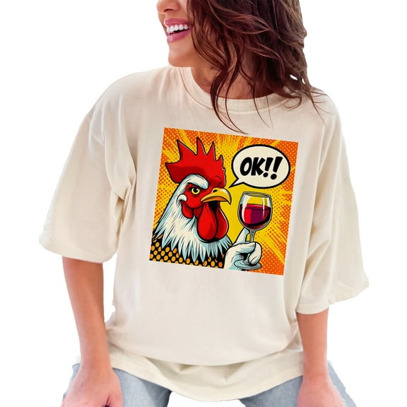 Funny Rooster Drinking Wine T-Shirt, Cool Graphic Chicken Tee, Unique Pop Art Poultry Shirt, Whimsical Chicken Lover Gift Top, Ivory Comfort Colors T-Shirt, XL