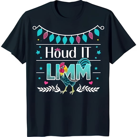 Funny Rooster Graphic T-Shirt with Stars & Hearts 'Houd It Limm' Design