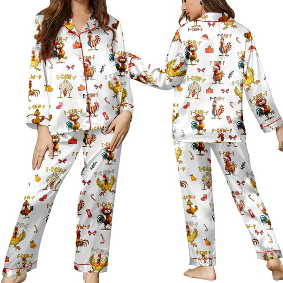 Funny Rooster Print Pajama Set for Women | Long Sleeve Farm Style Sleepwear