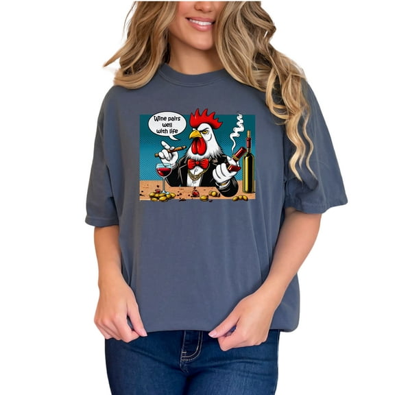 Funny Rooster with Wine T-Shirt, Vintage Chicken Drinking Wine Graphic Tee, Unique Gift for Wine Lovers, Humorous Chicken Shirt, Denim Comfort Colors T-Shirt, Medium