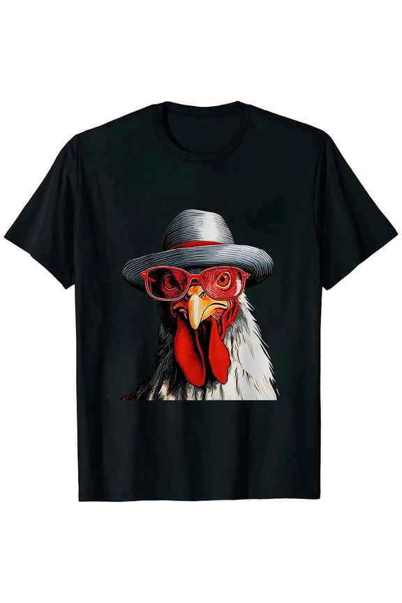 Funny Rooster in Glasses Fedora Hat Unisex Chicken Lover Graphic Tee