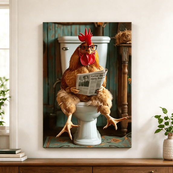 Humurius Funny Rooster on Toilet Reading Newspaper Canvas Wall Art Humorous ...