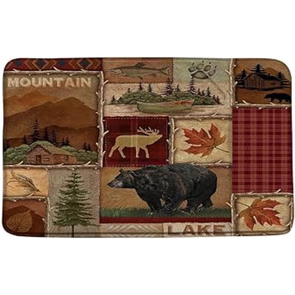 Funny Rug for Front Door Rustic Cabin Bathroom Mat Bear Moose Wildlife Lodge Lake Mountain Forest Maple Leaf Fishing Country Hunting Style Kitchen Rug Doorway Welcome Carpet 17x30 inch