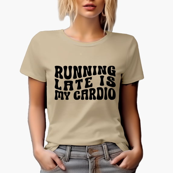 Funny Running Late Is My Cardio, Latecomer Work Out Quote, Groovy Retro Wavy Text Merch Gift, Tan T-Shirt, Large