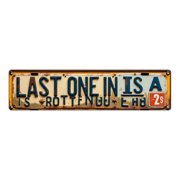 Funny Rustic 16*4 in Metal Wall Art License Plate Style Tin Signs"Last One In Is A Rotten Egg" vintage bedroom decor stoner room decor coastal room decor garage weathered finish