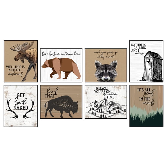Funny Rustic Country Forest Woodland Western Mountain Animal Bathroom Typography Themed Wall Art Print Posters Reminder Signs (Set of 8) Decor 8x10
