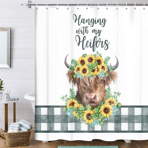 Funny Rustic Sunflower Cow Shower Curtain, with 12 hooks 72X72IN