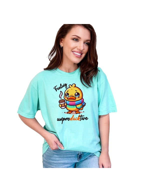 Funny Sad Duck T-Shirt, Feeling Unproductive Duck Shirt, Cute Coffee Duck Tee, Lazy Day Graphic Tee, Cool Duck Cartoon Shirt, Gift, Chalky Mint Comfort Colors T-Shirt, Large