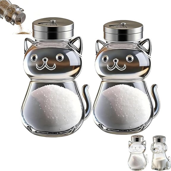 Funny Salt and Pepper Glass Bottle, Cute Animal Seasoning Containers With Adjustable Stainless Steel Lids for Kitchen Cooking, BBQ, Bar, Table, RV, Camp(Cat*2pcs)