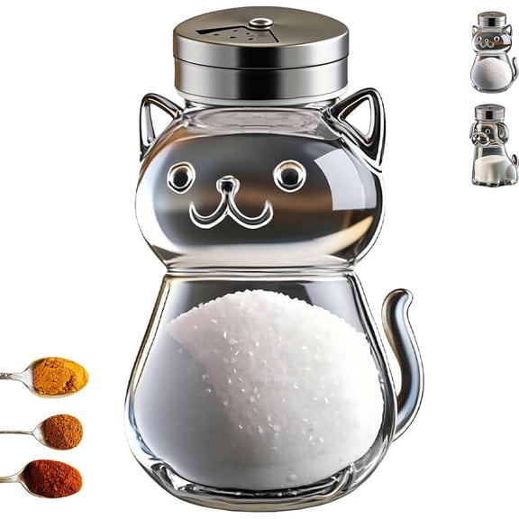 Funny Salt and Pepper Glass Bottle, Cute Cat & Dog Salt and Pepper Containers with Stainless Steel Lids, Transparent Glass Bottle Set for Kitchen Cooking, Table, Camp (cat 1pc)