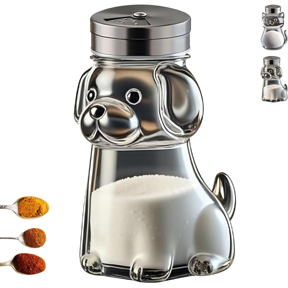 Funny Salt and Pepper Glass Bottle, Cute Cat & Dog Salt and Pepper Containers with Stainless Steel Lids, Transparent Glass Bottle Set for Kitchen Cooking, Table, Camp (dog 1pc)