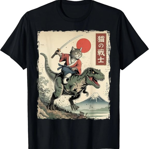 Funny Samurai Cat Riding T-Rex Ukiyo-E Style Graphic T-Shirt Streetwear Tee