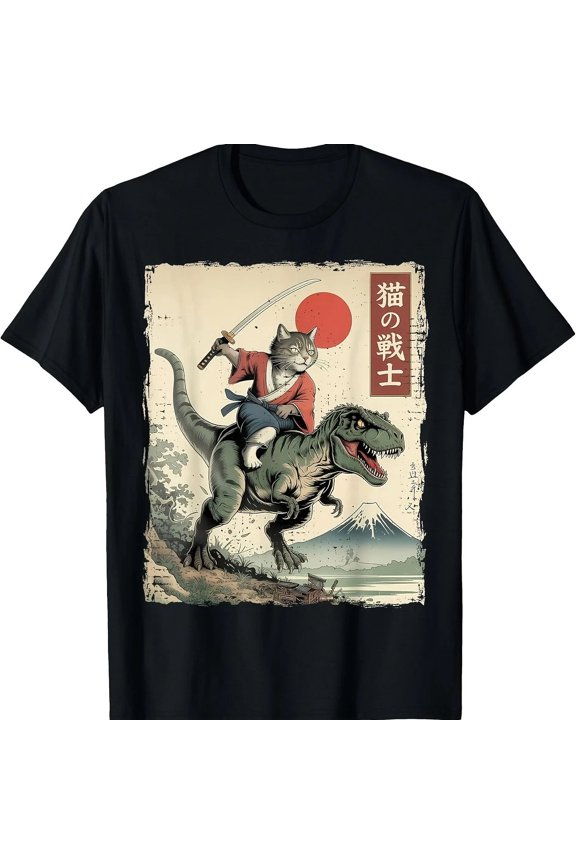 Funny Samurai Cat Riding T-Rex Ukiyo-E Style Graphic T-Shirt Streetwear Tee