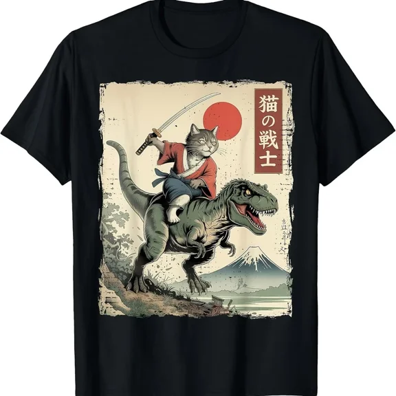 Funny Samurai Cat Riding T-Rex Ukiyo-E Style Graphic T-Shirt