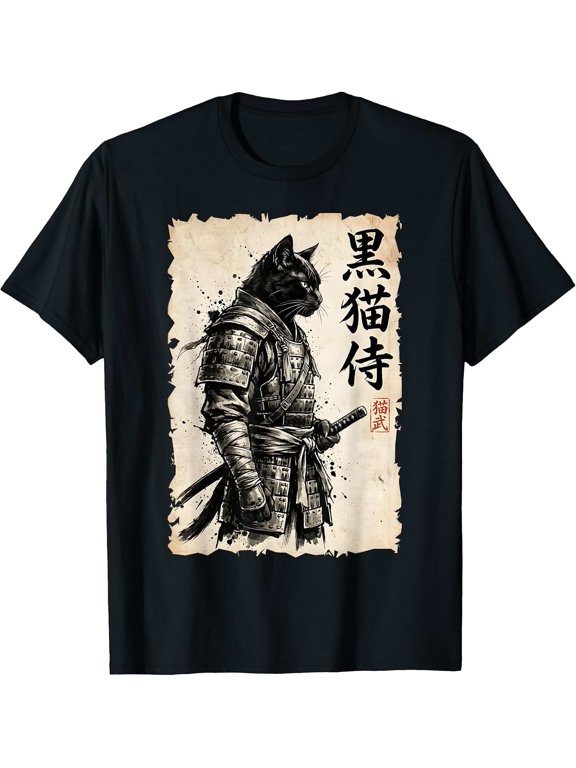 Funny Samurai Cat Warrior Anime Japanese Art Kawaii Graphic Tees T Shirts for Men and Women, T-Shirt for Men, 180gsm, 100% Cotton