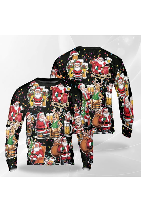 Funny Santa Beer Christmas Sweatshirt, Drinking Reindeer Holiday Crewneck, Santa Cheers Party Pullover, Humorous Christmas Sweater for Men Women