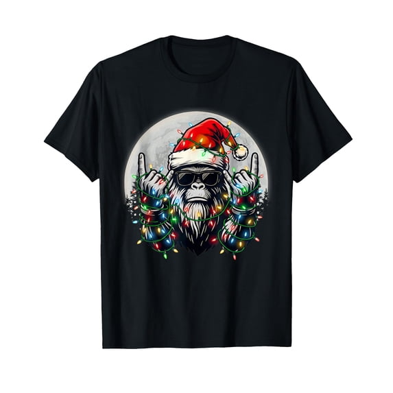 Funny Santa Bigfoot T-Shirt for a Festive Holiday Look with Colorful Xmas Lights