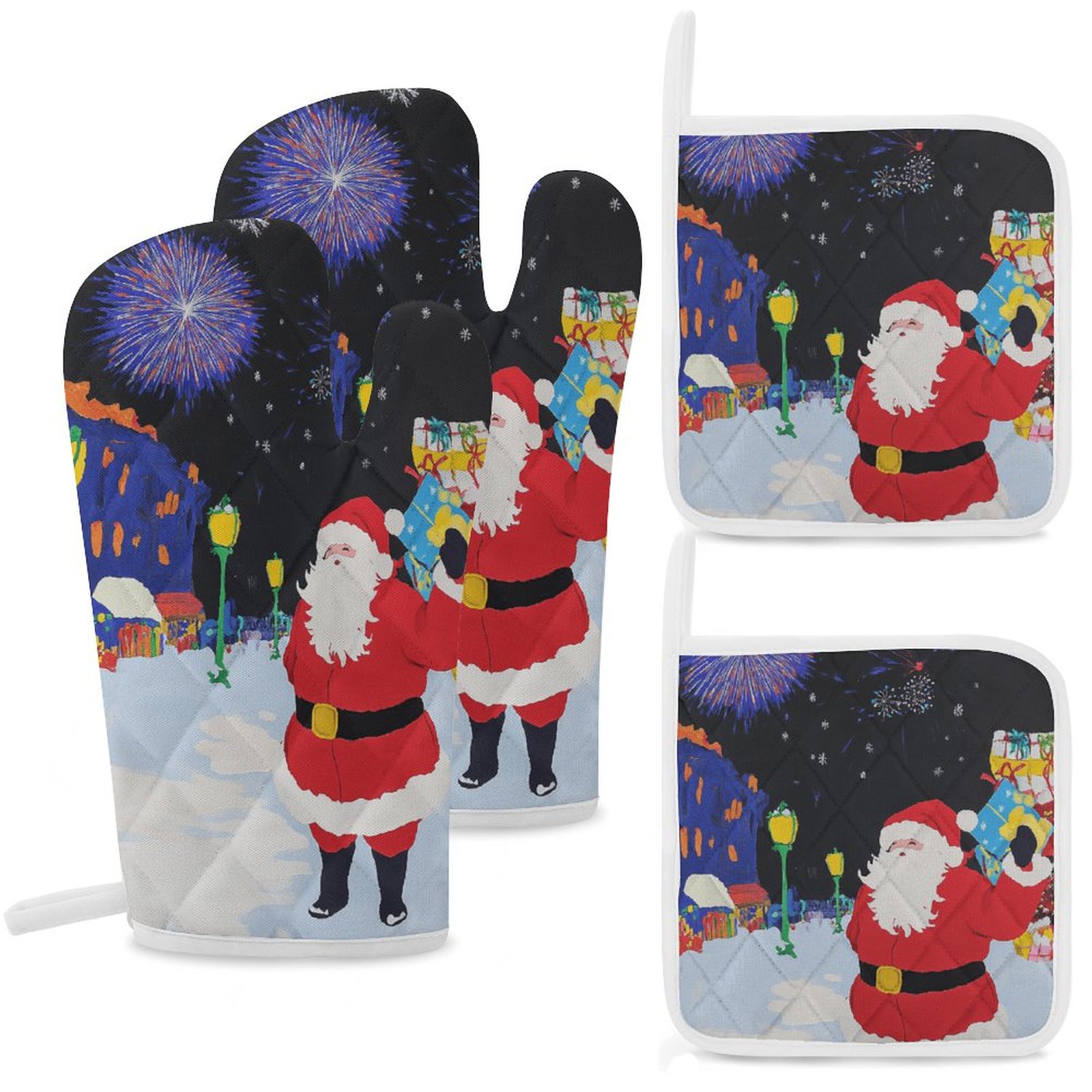 Christmas Oven Mitts & Potholders Set – 4-Piece Heat Resistant Gloves With Non-Slip Silicone (Pink Striped Santa Design)