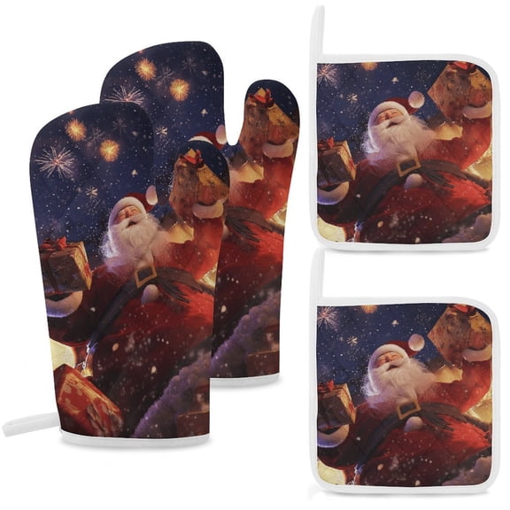 Funny Santa Claus Christmas Heat Resistant Microwave Oven Gloves Set for BBQ Baking Grilling,Baking Gifts Cooks for Women,Housewarming Gifts for New Home