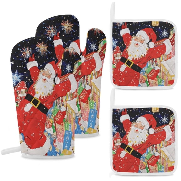 Funny Santa Claus Christmas Heat Resistant Microwave Oven Gloves Set for BBQ Baking Grilling,Baking Gifts Cooks for Women,Housewarming Gifts for New Home
