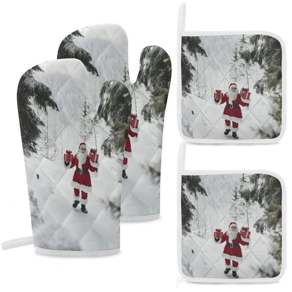 Funny Santa Claus Christmas Oven Mitt And Pot Holder Set Oven Glove for Kitchen Baking Cooking Grilling