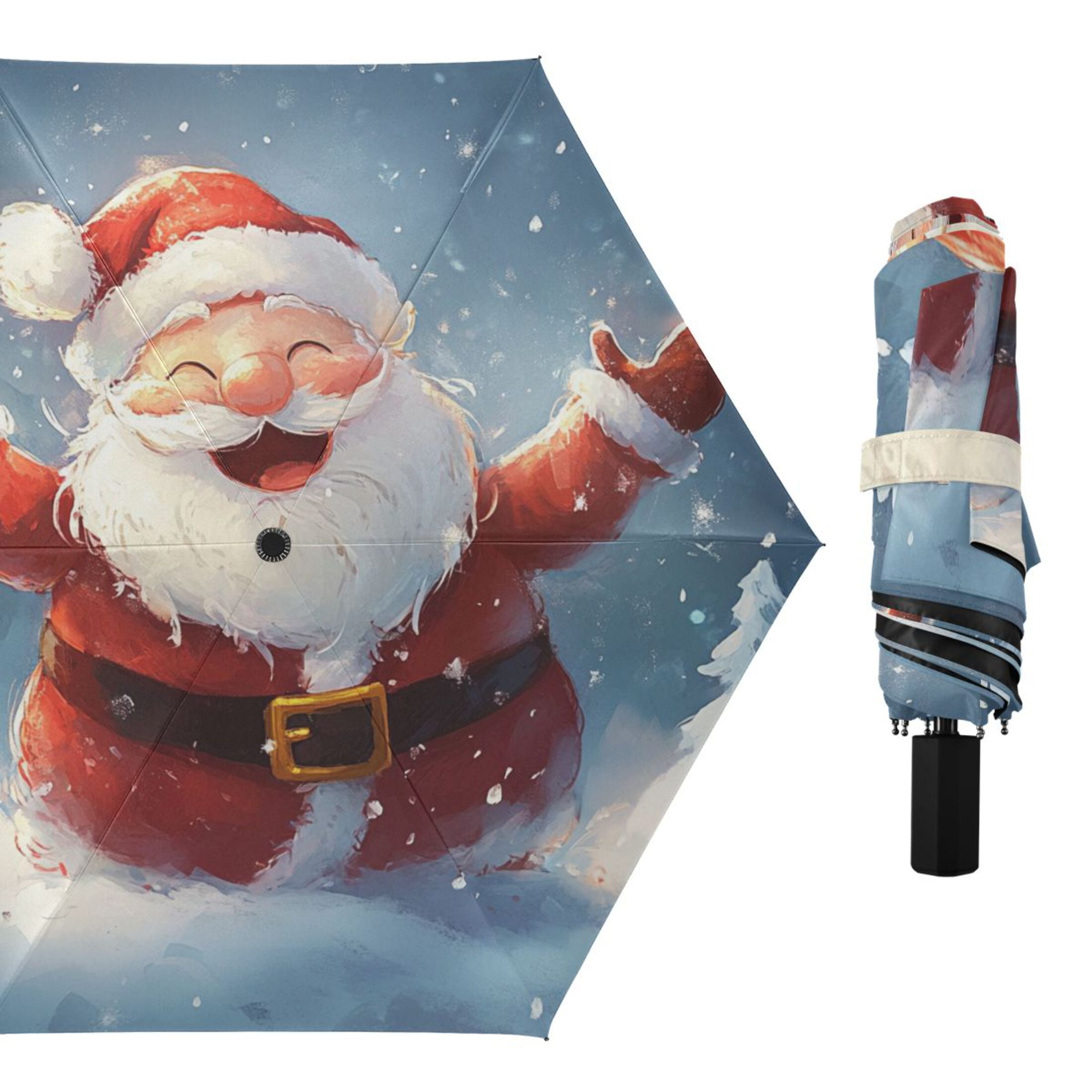 Funny Santa Claus Christmas Snow All Weather Umbrella Triple Folding Parasol 6 Ribs UV Protection Portable