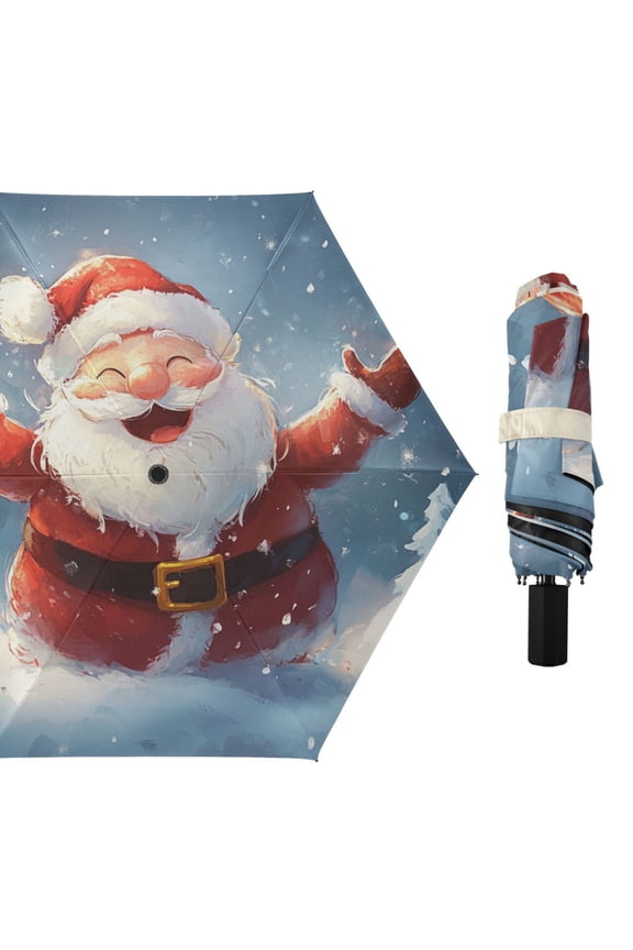 Funny Santa Claus Christmas Snow All Weather Umbrella Triple Folding Parasol 6 Ribs UV Protection Portable