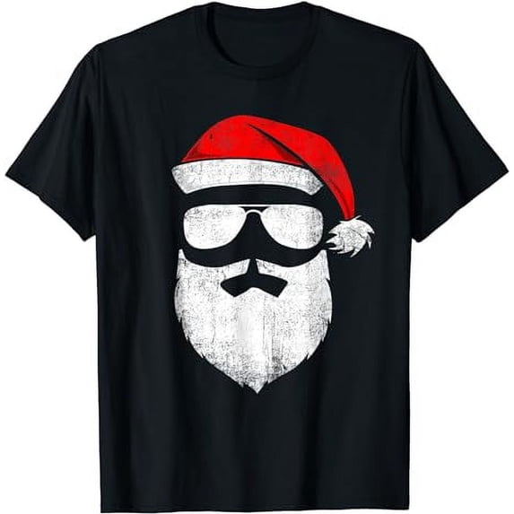 Funny Santa Claus Face Sunglasses with Hat Beard Christmas T-Shirt