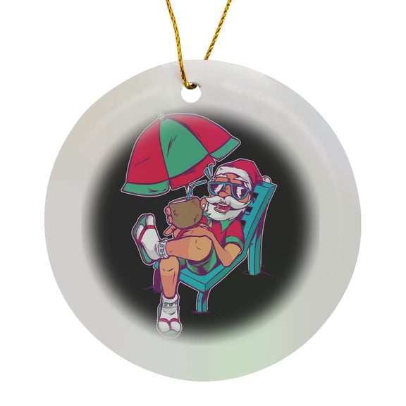 3drose, Funny Santa Claus for Christmas on Holiday Beach, Circle Porcelain Ornament