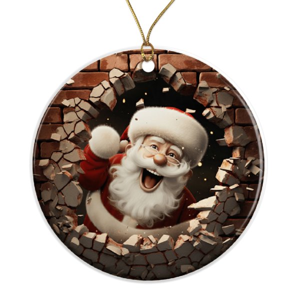 Funny Santa Claus Ornament - Breaking Through Brick Wall - Unique Holiday Decor - Christmas Gift Idea Ceramic Ornament - 3 Inch Christmas Tree Round Ornament - Xmas Holiday Decor ORNW0217