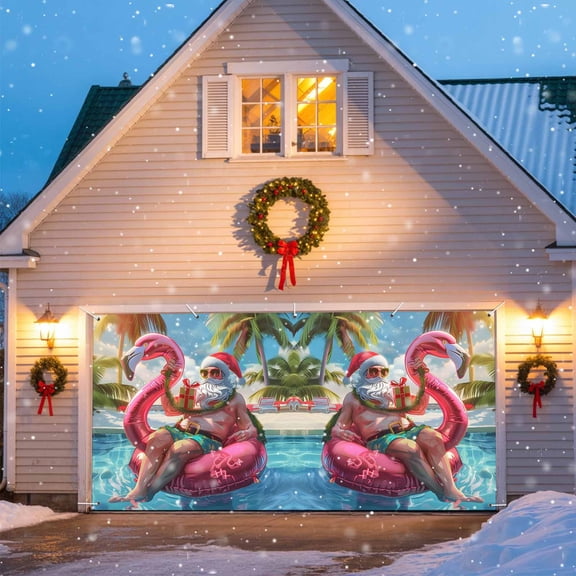 Funny Santa Claus In The Pool Garage Door Banner Covers, Christmas Winter Summer Large Hanging Indoor/Outdoor Backdrop Background for Christmas Winter Party Decor, 6.9x8 FT
