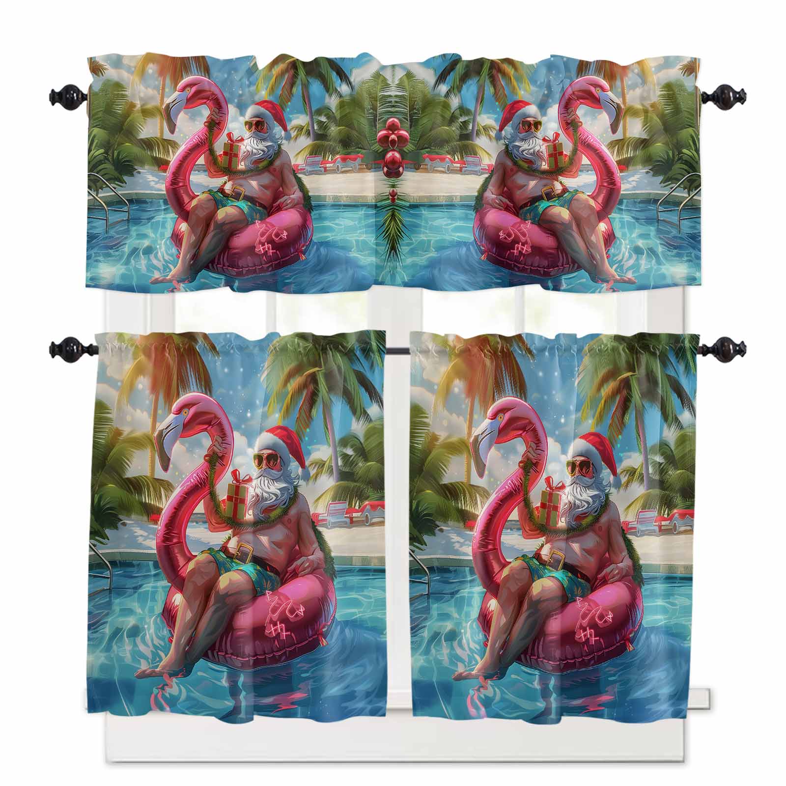 Funny Santa Claus In The Pool Kitchen Curtains Valances and Tiers Set ...