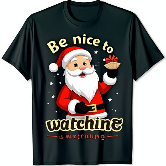 Funny Santa Claus T-Shirt Cartoon Santa with Be Nice He s Watching Black Holiday Tee