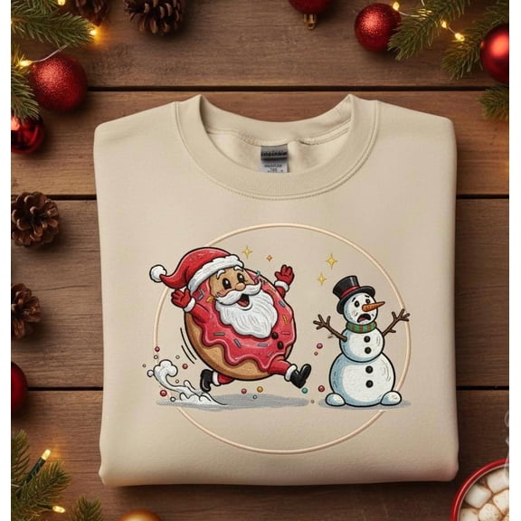 Funny Santa Donut and Snowman Embroidered Christmas Sweatshirt, Cute Holiday Pullover, Cozy Winter Gift Idea