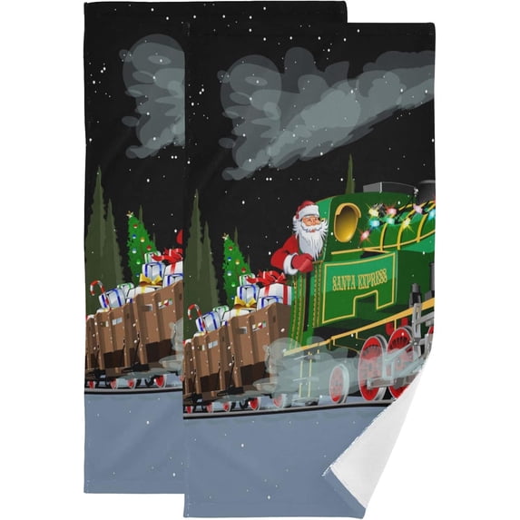 Funny Santa Express Train Hand Towels 2 PCS, Christmas Greeting Kitchen Towel Ultra Soft and Highly Absorbent,Decorative Fingertip Face Towel for Bathroom Hotel, 28.3"x14.4"
