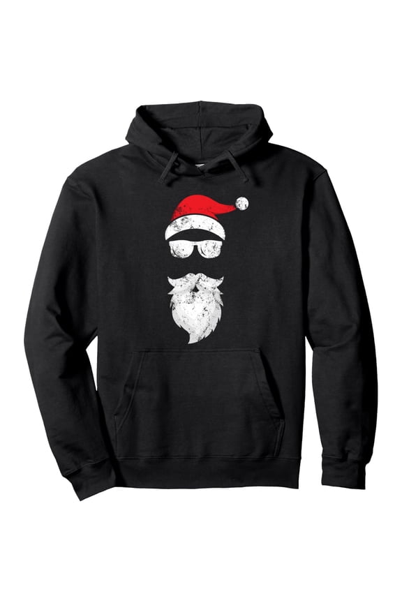 Funny Santa Face with Fashion Glasses & Beard Christmas Hoodie - Unisex Pullover Sweatshirt (S-XXXL) | 50% Cotton 50% Polyester Blend | All-Season Wear for Men & Women | Santa Hat & Beard Design | M