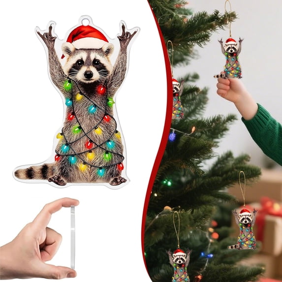 Funny Santa Hat Raccoon Acrylic Ornament, Cat Ornaments for Christmas Tree, Christmas Cat Tree Themed Pet Style Hanging Decor for Holiday Tree Home Party