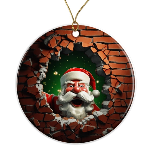 Funny Santa Ornament - Santa Claus Breaking Through - Unique Christmas Holiday Decoration Ceramic Ornament - 3 Inch Christmas Tree Round Ornament - Xmas Holiday Decor - String Included - ORNW0122