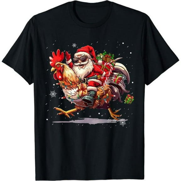 Funny Santa Riding Chicken Christmas T-Shirt for Men, Graphic Tees, Holiday Novelty Top,Loose,cotton,black,S-5XL