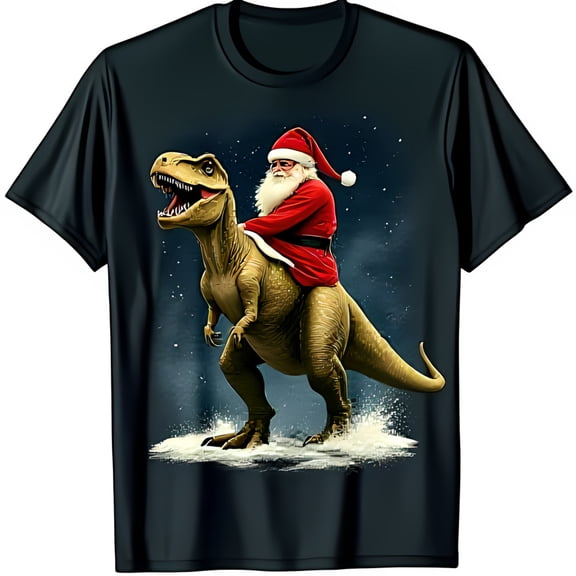 Funny Santa Riding Graphic Black T-Shirt for Christmas Cheer