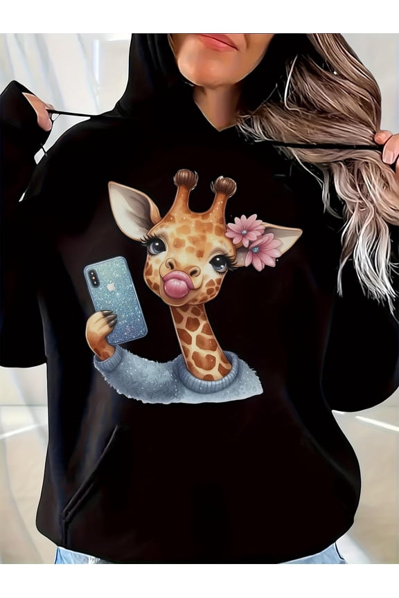 Funny Sarcastic Giraffe Selfie Graphic Hoodie - Black Cozy Pullover Sweatshirt for Women & Men, Unisex Casual All-Season Wear with Playful Tropical Giraffe Print, Machine Washable Soft Hooded Sweater